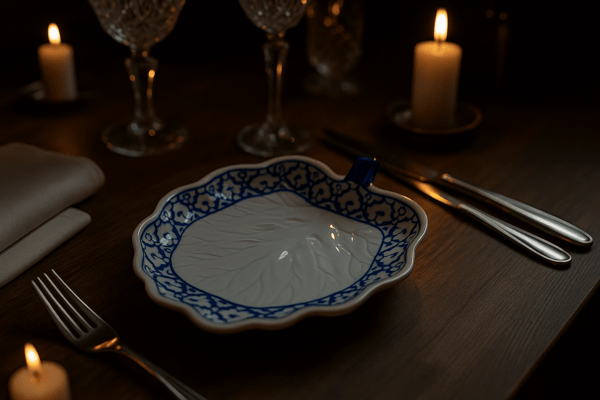 Leeg Thais blauw-wit bord in ananasvorm, sfeervol opgedekt met kaarslicht en bestek.