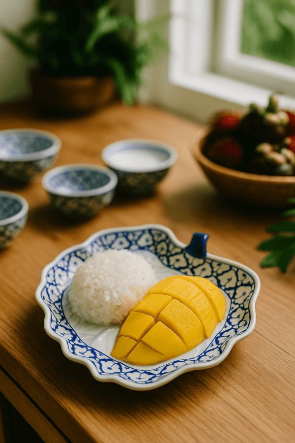 Thais blauw-wit keramieken bord in ananasvorm met mango sticky rice op houten tafel.