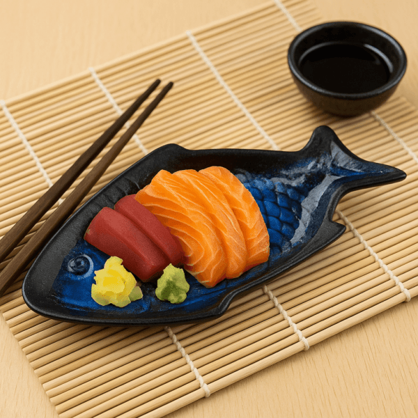 Visvormig schaaltje met sushi en wasabi op een bamboemat, gefotografeerd van bovenaf