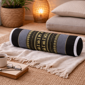 thais knierolkussen grijs zwart olifant op bank yoga meditatie ontspanning kapok kussen