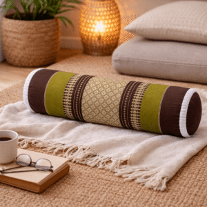 thais knierolkussen groen bruin op bank yoga ontspanning natuurlijk interieur kapok kussen