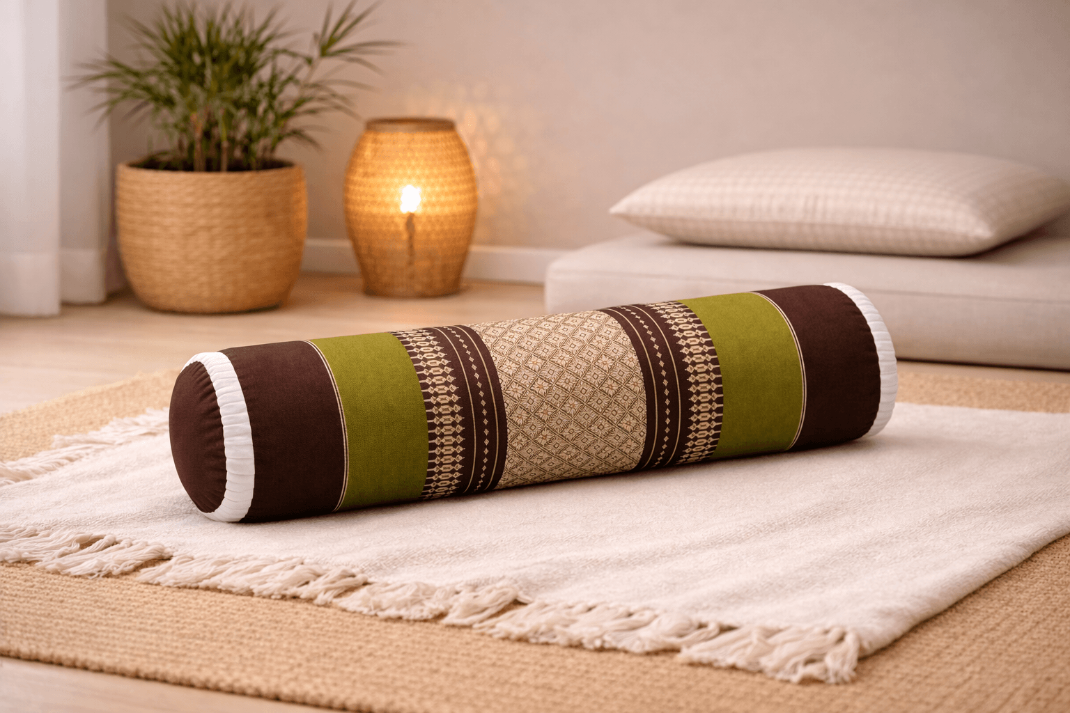 thais knierolkussen groen bruin kapok rolkussen yoga meditatie ondersteuning