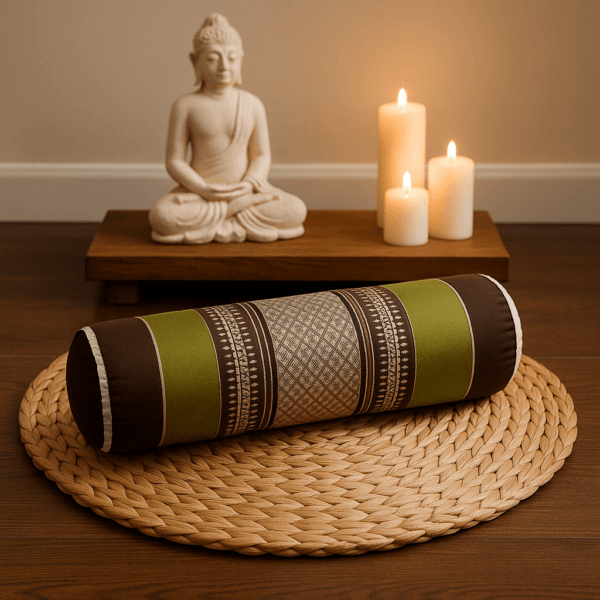 Handgemaakt Thais meditatiekussen in groen en bruin met traditioneel patroon, voor wit Boeddhabeeld en brandende kaarsen op houten vloer.