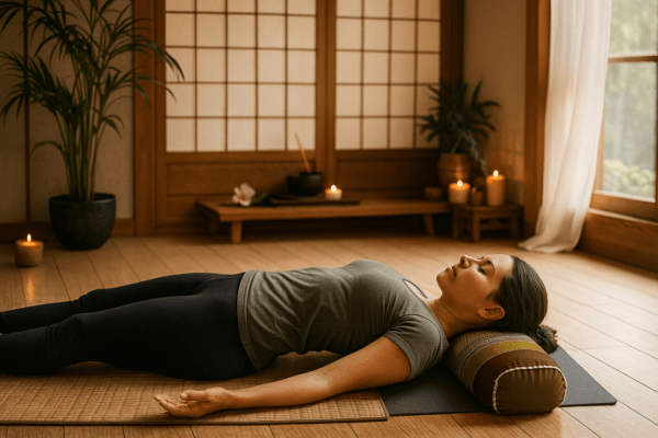 Vrouw in ontspannende yogahouding met groen-bruin Thais meditatiekussen als neksteun, in sfeervolle Japanse ruimte met kaarslicht.
