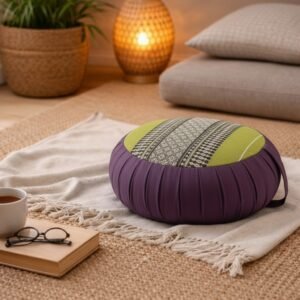 Rond Thais meditatiekussen in groen-bruin met traditioneel patroon in een warm sfeervol interieur.