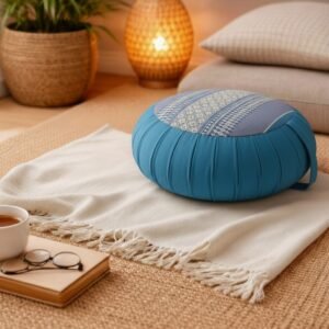 Rond Thais meditatiekussen in blauw en grijs met traditioneel patroon in een rustige, warme woonsetting.