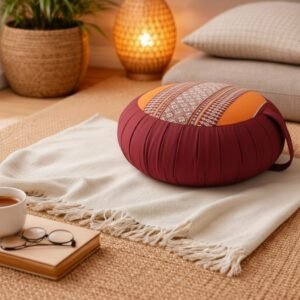 Rond Thais meditatiekussen in bordeaux en oranje met traditioneel geweven patroon in een sfeervol interieur.