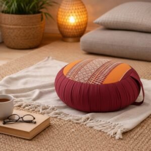 Rond Thais meditatiekussen in bordeaux en oranje met traditioneel geweven patroon in een sfeervol interieur.