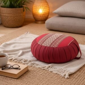 Rond Thais meditatiekussen in rood met crèmekleurig traditioneel patroon in een sfeervol interieur.