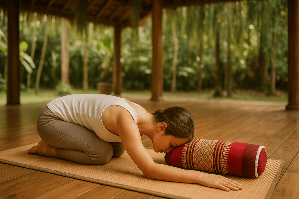 Vrouw in kindhouding met voorhoofd rustend op rood-goud meditatiekussen op mat, onder houten overkapping in tropische tuin