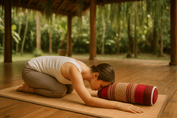 Vrouw in kindhouding met voorhoofd rustend op rood-goud meditatiekussen op mat, onder houten overkapping in tropische tuin