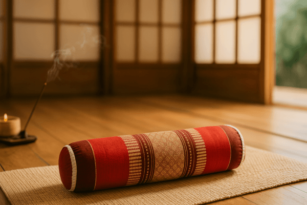 Rood-goud Thais meditatiekussen op mat in rustige ruimte met houten vloer, wierook en Japanse schuifdeuren.