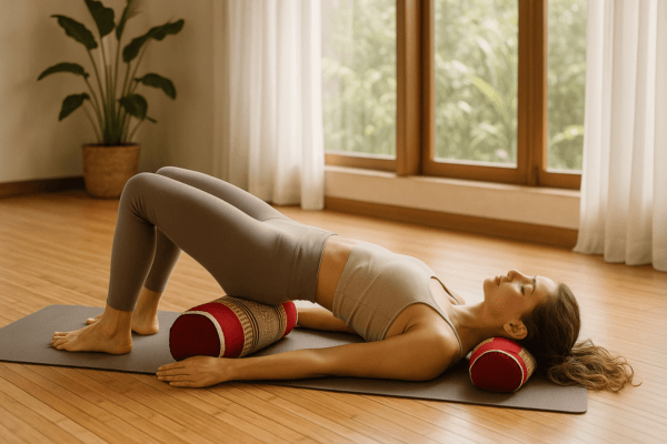 Vrouw in yogahouding met Thais bolstervormig meditatiekussen in rood-goud onder hoofd en rug op een mat in lichte kamer.