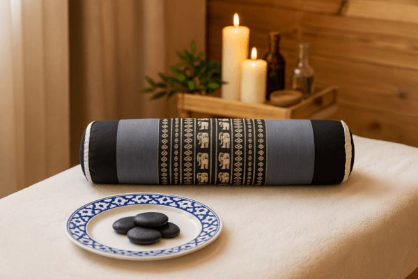 Zwart-grijs Thais meditatiekussen met goudkleurig olifantmotief op massagetafel, met kaarsen, stenen en rustgevende sfeer.