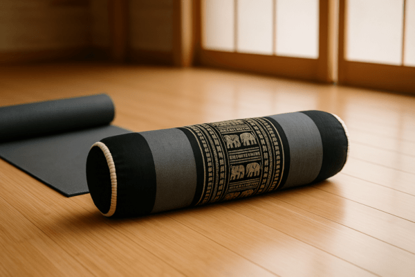 Rond meditatiekussen in zwart en grijs met Thaise olifantenprint, liggend op houten vloer naast yogamat in serene ruimte.