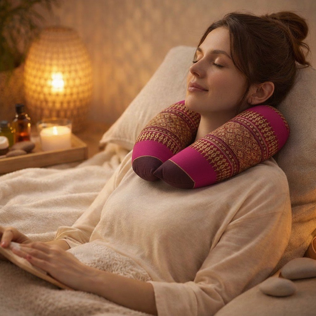 Vrouw ontspant in bed met een roze Thais nekkussen in warme wellness-sfeer.
