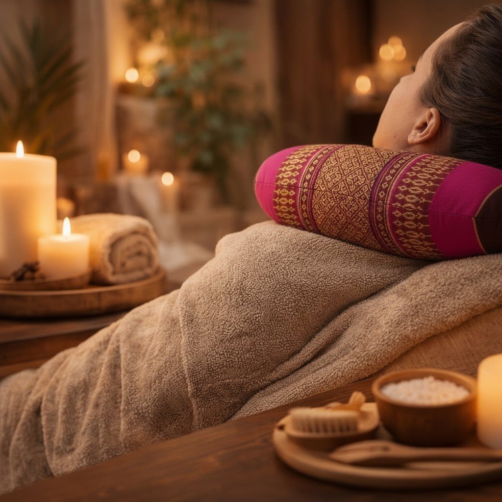 Vrouw ontspant in bed met een fuchsia roze Thais nekkussen in een gezellige wellness-sfeer met kaarslicht.