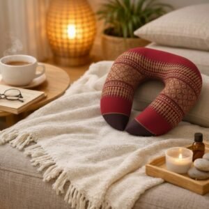 Thais nekkussen in U-vorm in bordeauxrood met geweven patroon op een zachte bank in een warm interieur.