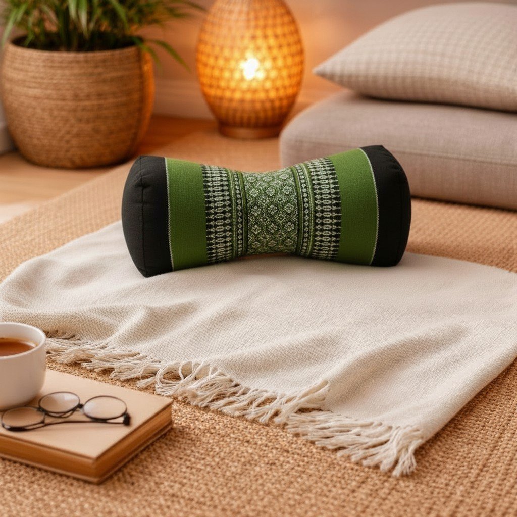 Groen-bruin Thais bone nekrolkussen met traditioneel patroon op beige plaid in een sfeervolle kamer.