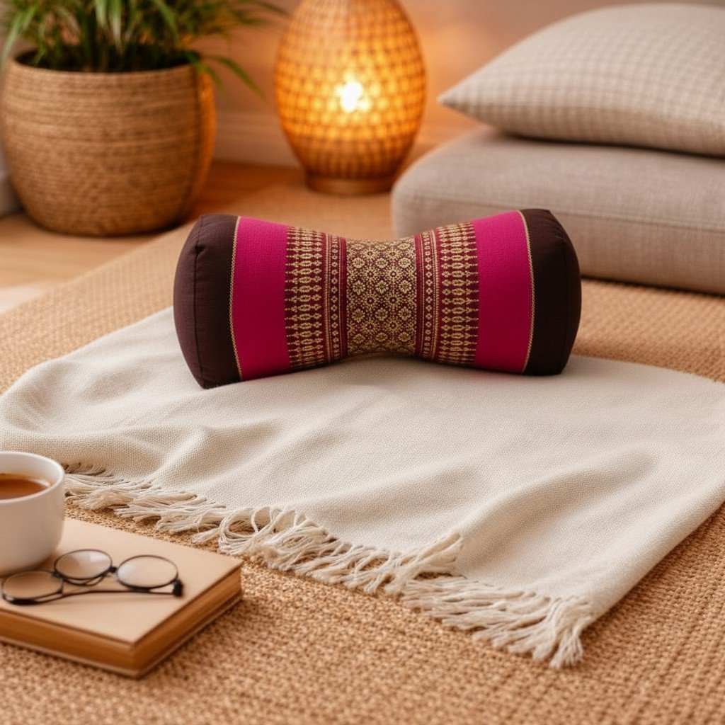 Roze Thais bone nekrolkussen met traditioneel patroon in warm sfeervol interieur op beige plaid.