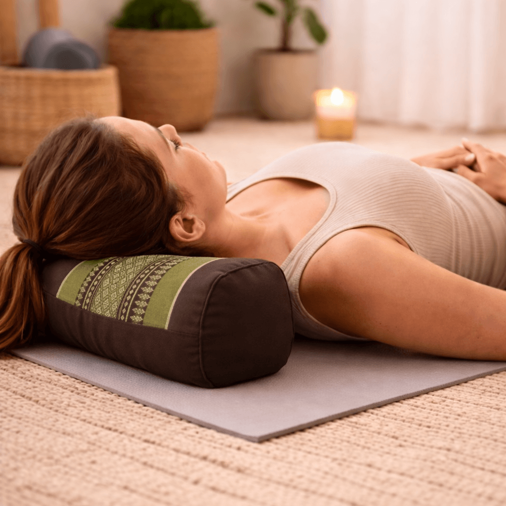 Vrouw ontspant op een yogamat met een groen-bruin Thais nekrolkussen met goudkleurig patroon onder haar nek.