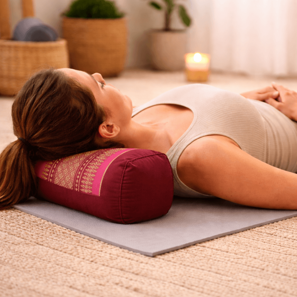 Vrouw ligt comfortabel op een yogamat met een roze-bordeaux Thais nekrolkussen met goudkleurig patroon onder haar nek.