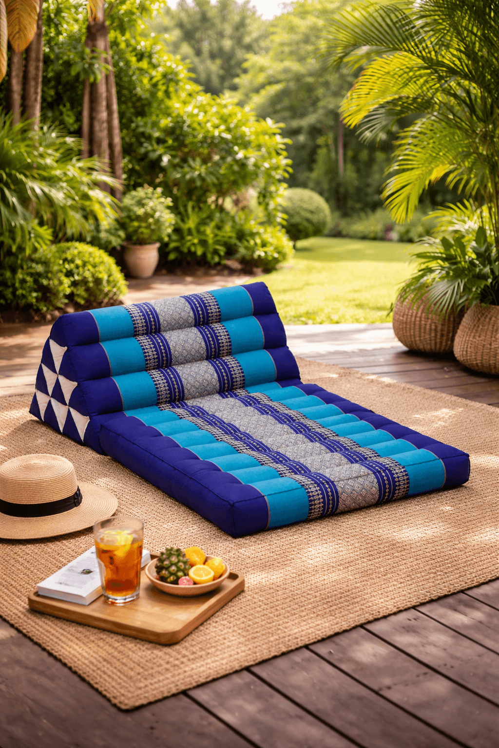 Blauw Thais driehoekskussen op terras in zonnige tuin met tropische planten en houten vlonder