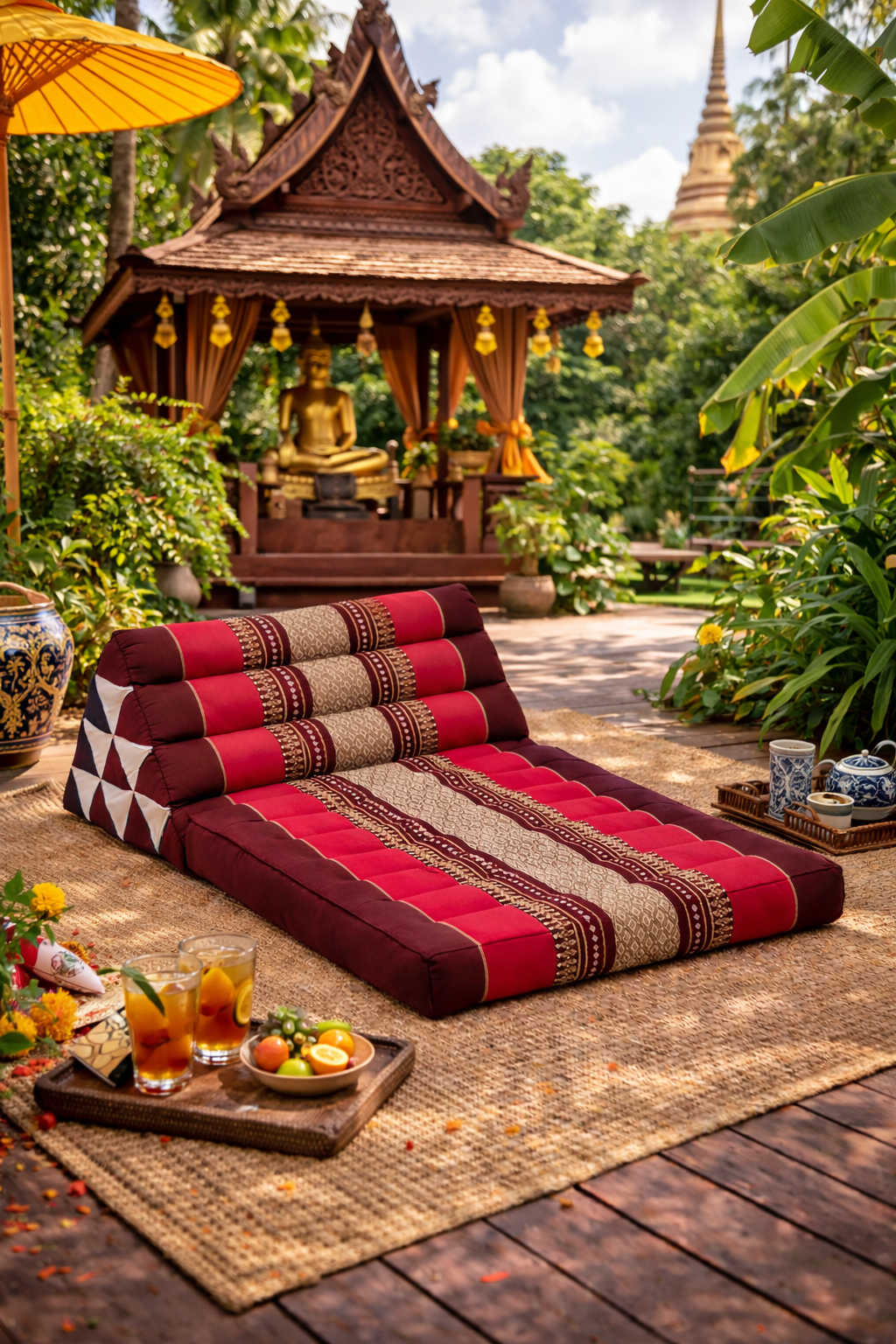 Bordeaux rood Thais driehoekskussen in tropische tuin bij Thaise tempel en Boeddhabeeld