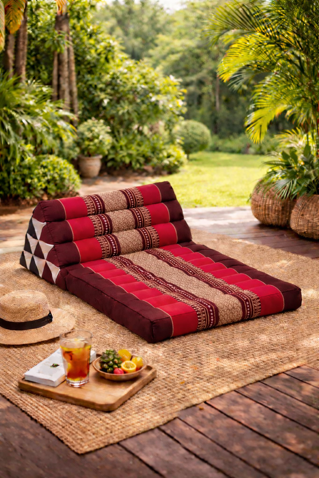 Bordeaux rood Thais driehoekskussen op terras in groene tuin met zomerse sfeer