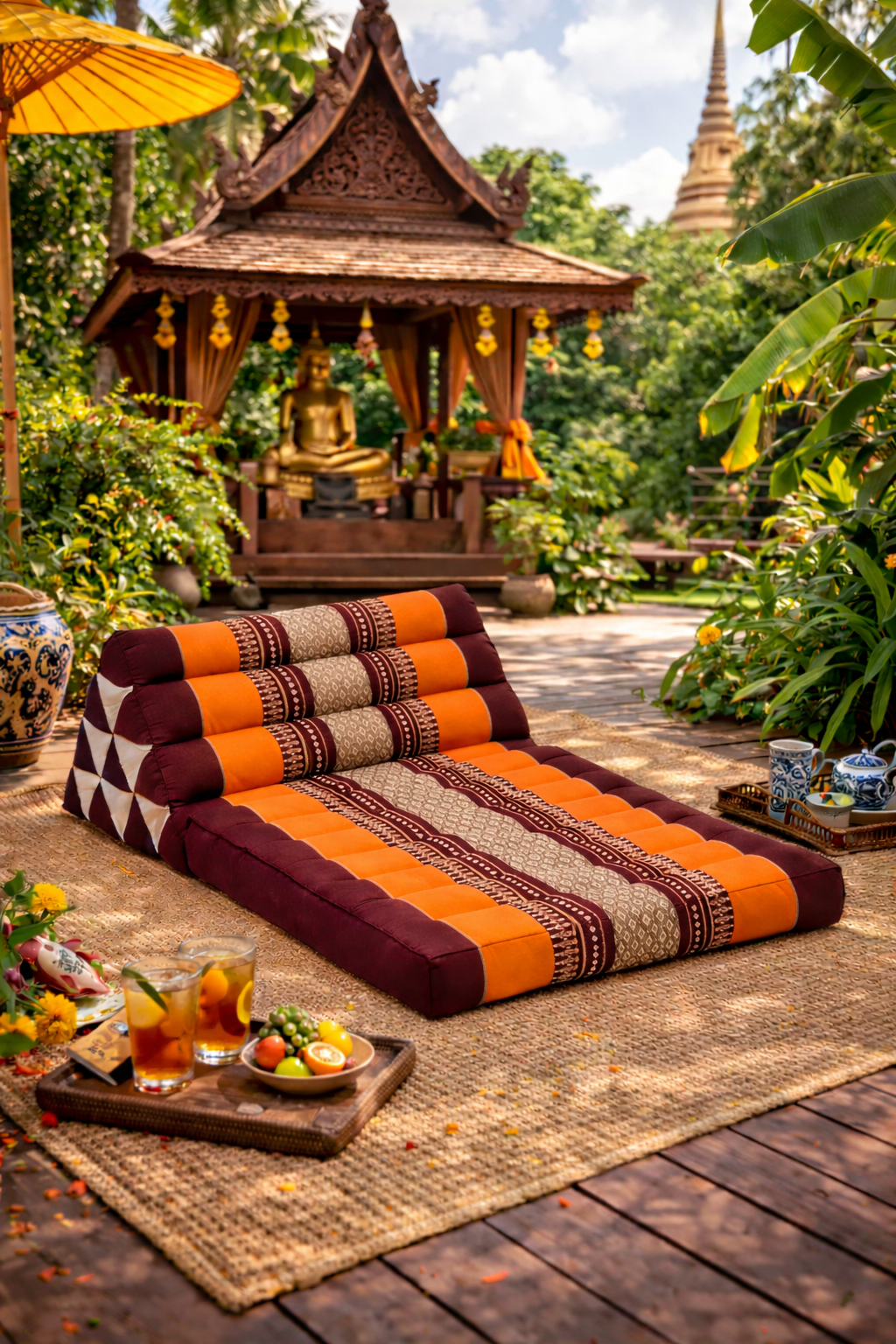 Oranje bordeaux Thais driehoekskussen in tropische tuin bij Thaise tempel en Boeddhabeeld