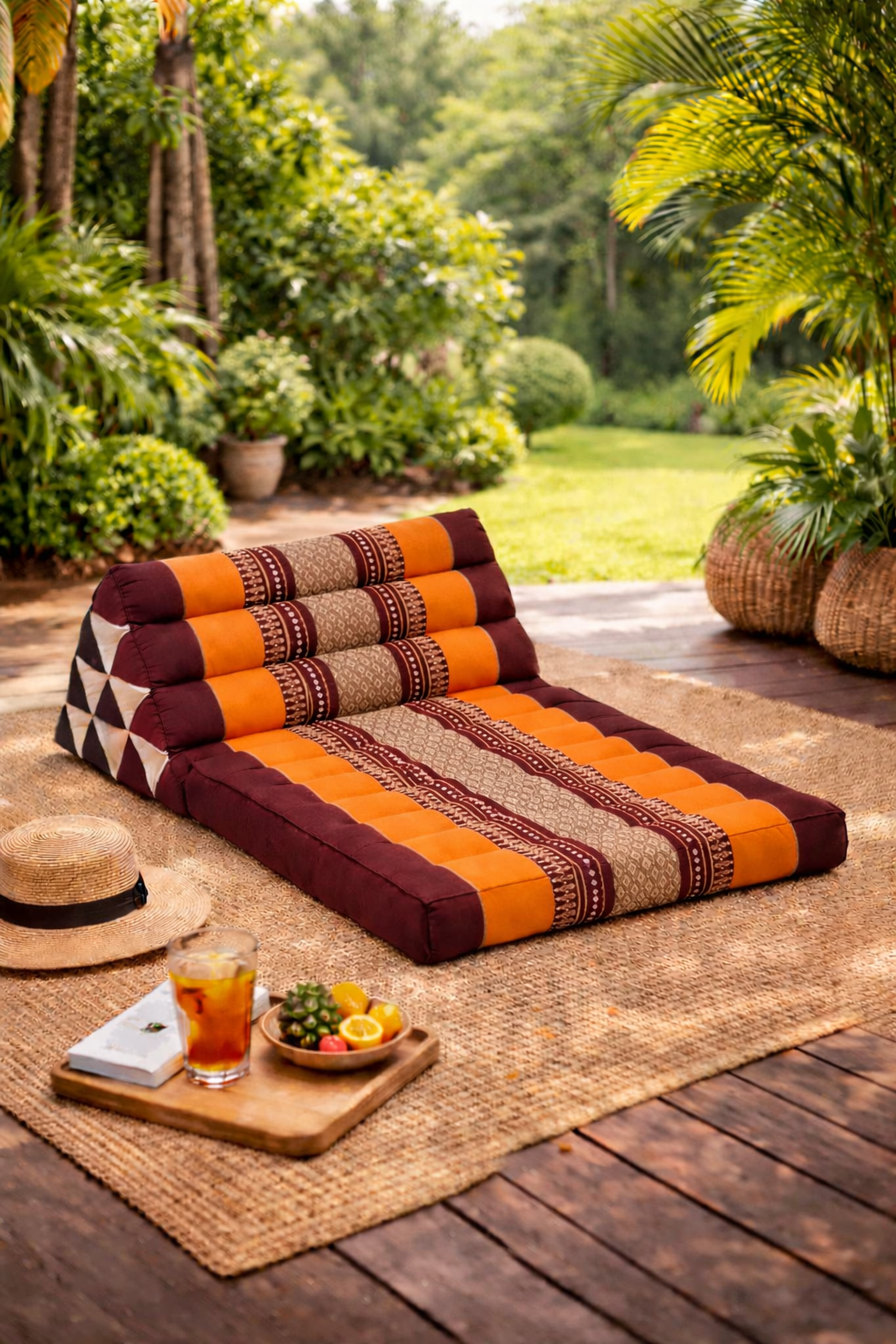 Oranje bordeaux Thais driehoekskussen op terras in groene tuin met zomerse sfeer