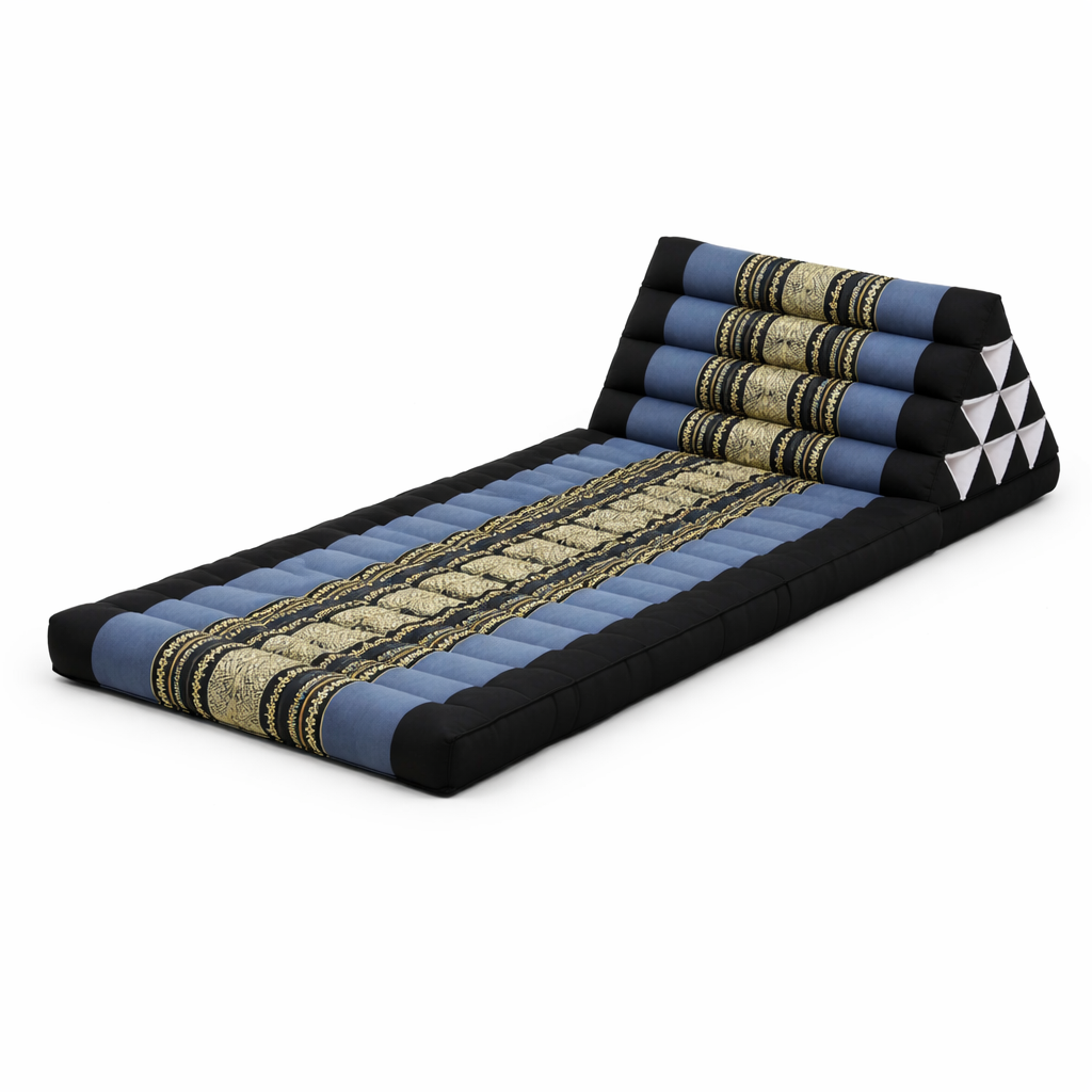 Uitgeklapt Thais ligkussen in zwart en grijs met olifantenpatroon en rugsteun