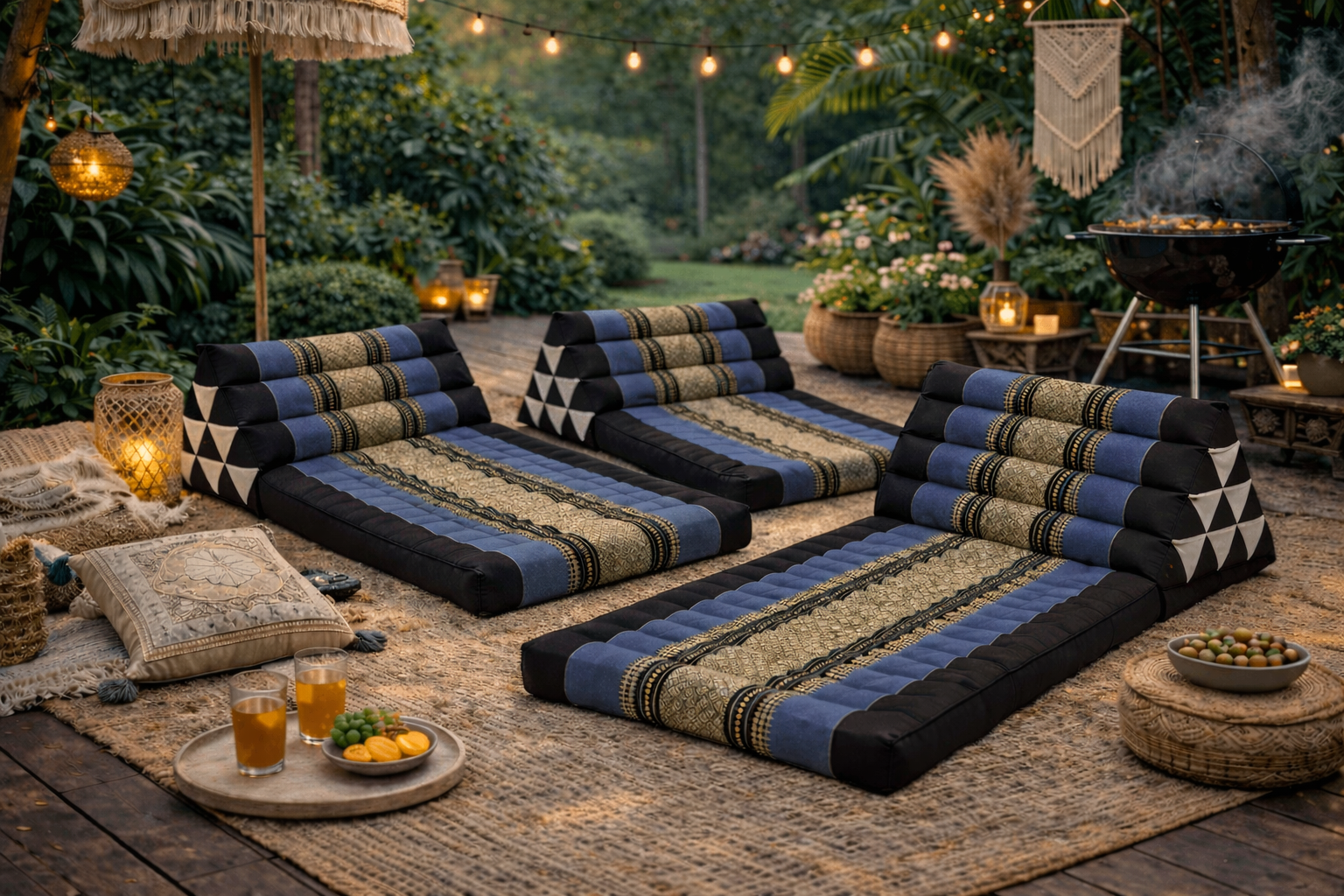 Meerdere Thaise driehoekskussens in zwart en grijs met olifantenpatroon op sfeervol terras