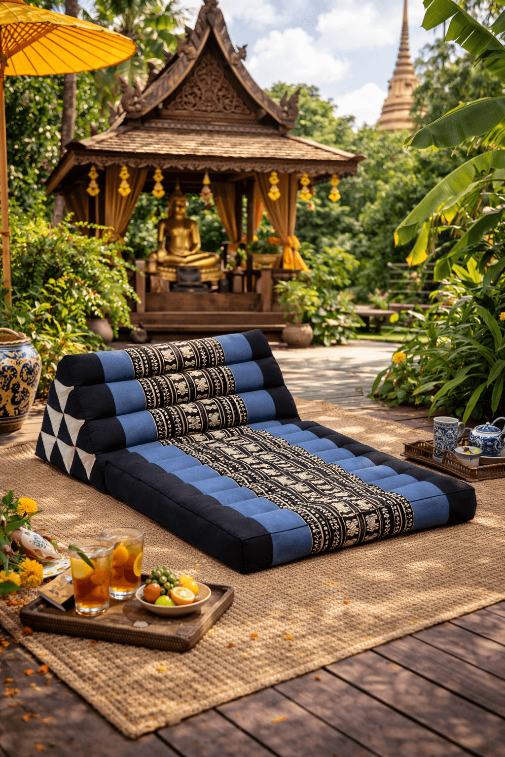 Thais driehoekskussen zwart blauw in tropische tuin bij Thaise tempel en Boeddhabeeld