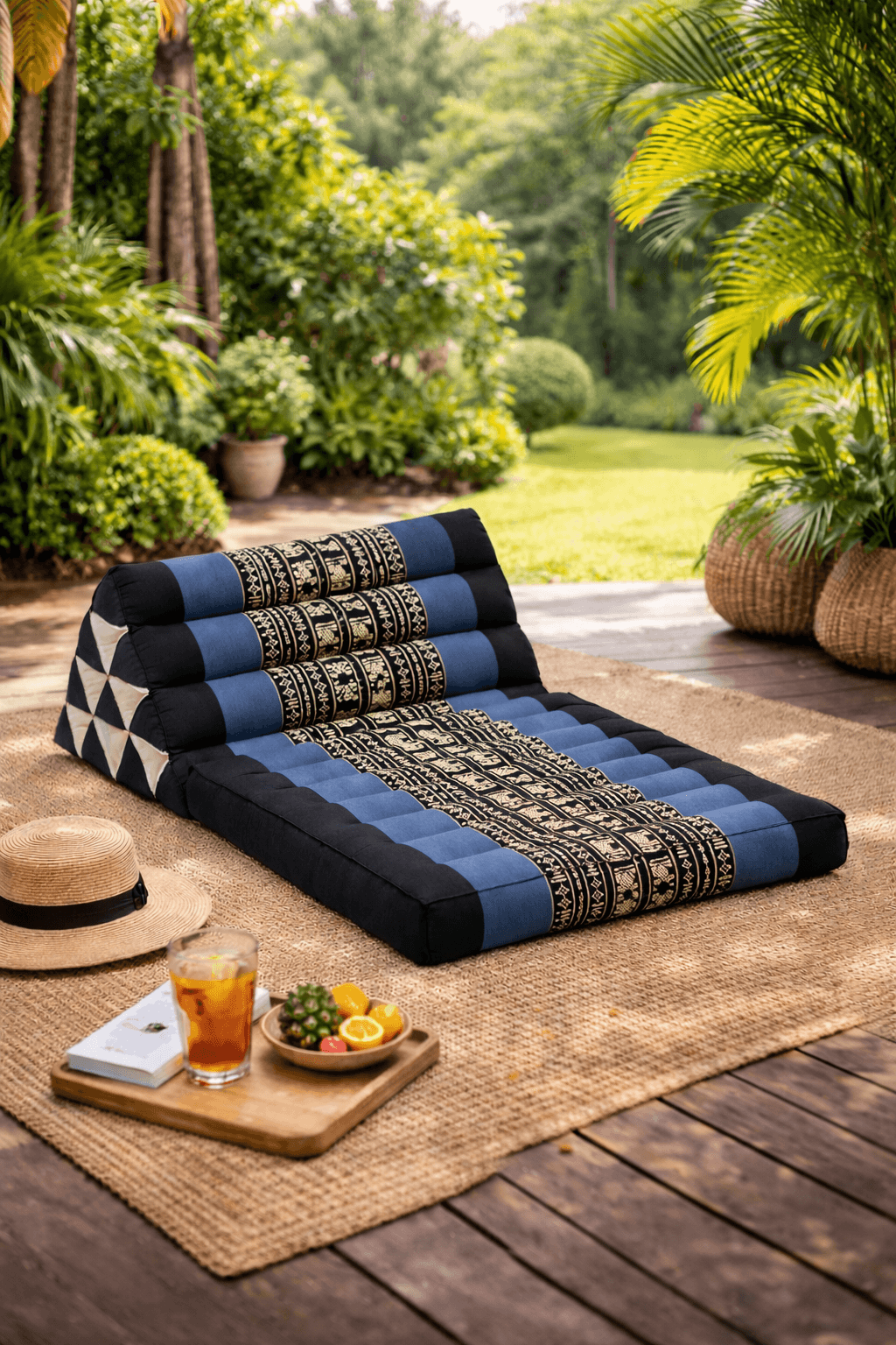 Zwart grijze Thais driehoekskussen op terras in groene tuin met tropische planten