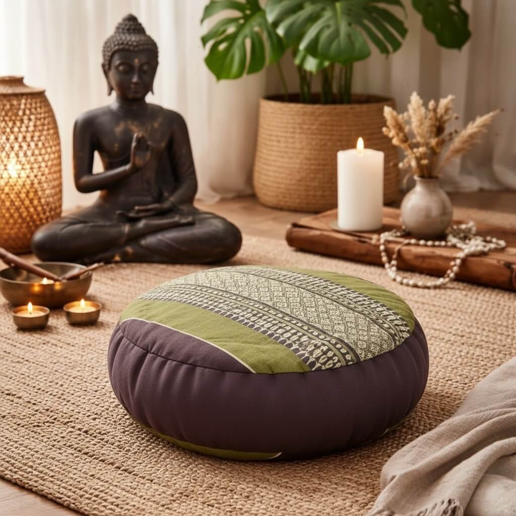 Zafu meditatiekussen groen en bruin met traditioneel Thais patroon voor yoga en meditatie