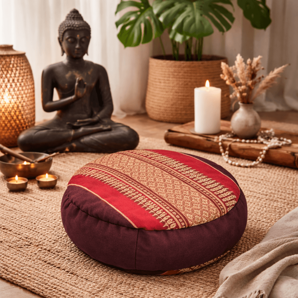 Rood zafu meditatiekussen in warme meditatie setting met Boeddha beeld en kaarslicht