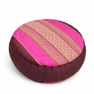 Zafu meditatiekussen roze en bordeaux met traditioneel Thais patroon voor yoga en meditatie