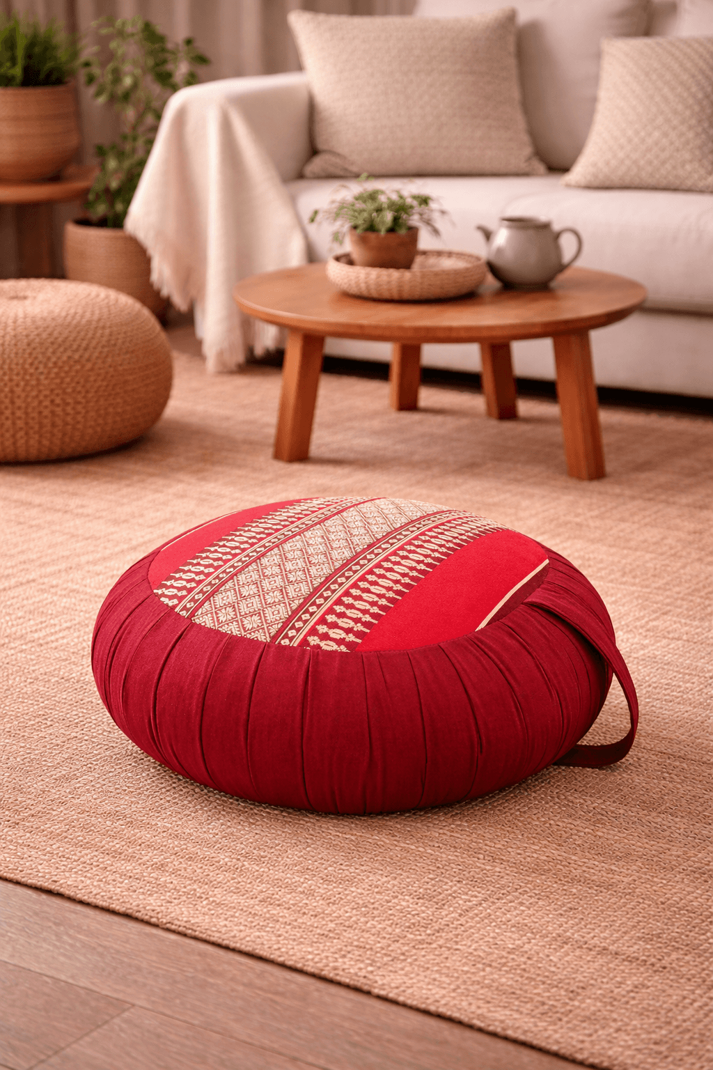 zafukussen-bordeaux-rood-sfeer Rond zafu meditatiekussen in bordeauxrood met licht patroon en draaglus