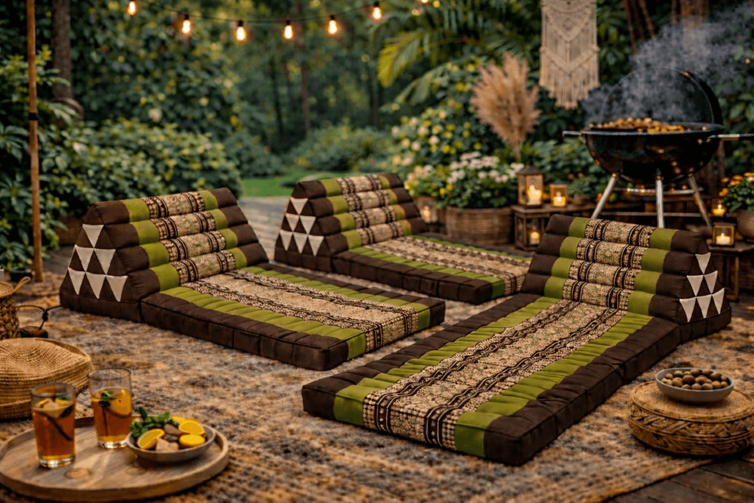 Meerdere groen bruine Moon Kwan Thaise driehoekskussens in gezellige buitensetting