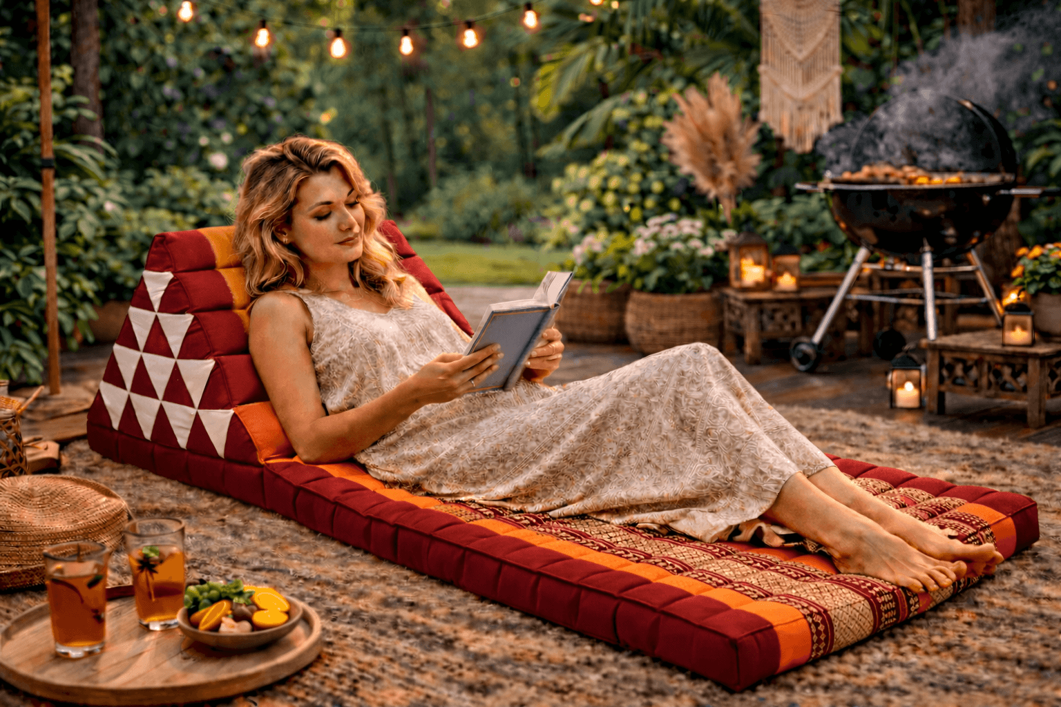Vrouw ontspant op rood oranje Moon Kwan driehoekskussen in sfeervolle tuin