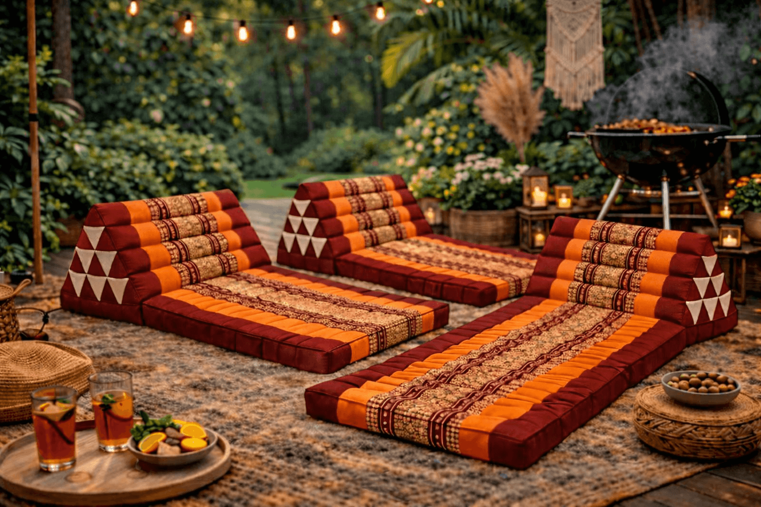 Meerdere rood oranje Moon Kwan Thaise driehoekskussens in gezellige buitensetting