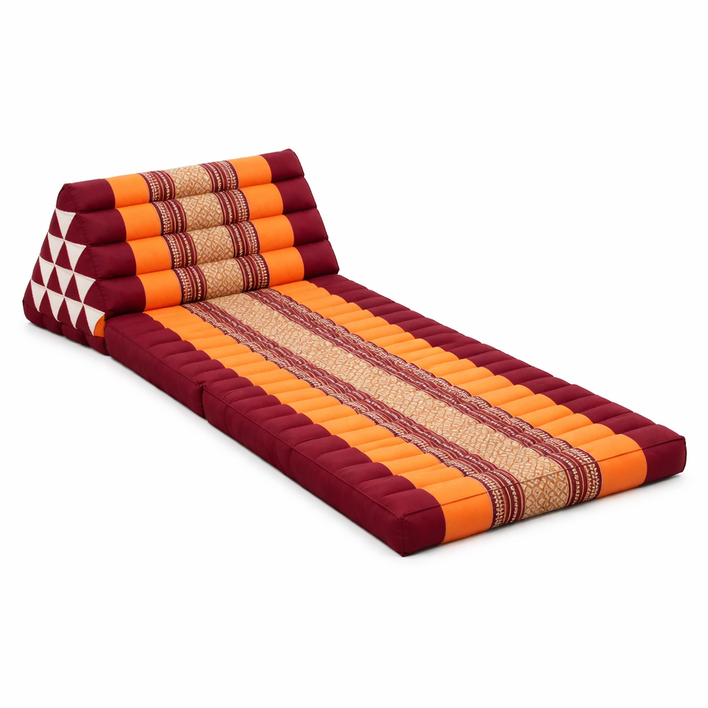 Uitgeklapt Moon Kwan jumbo 3-fold ligkussen rood oranje met rugsteun