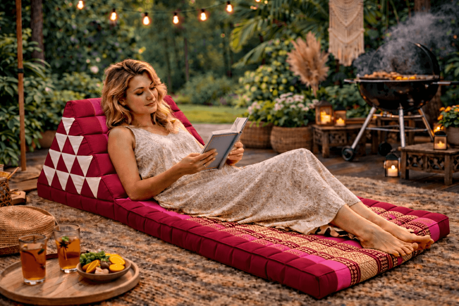 Vrouw leest ontspannen op rood roze Moon Kwan driehoekskussen in sfeervolle tuin