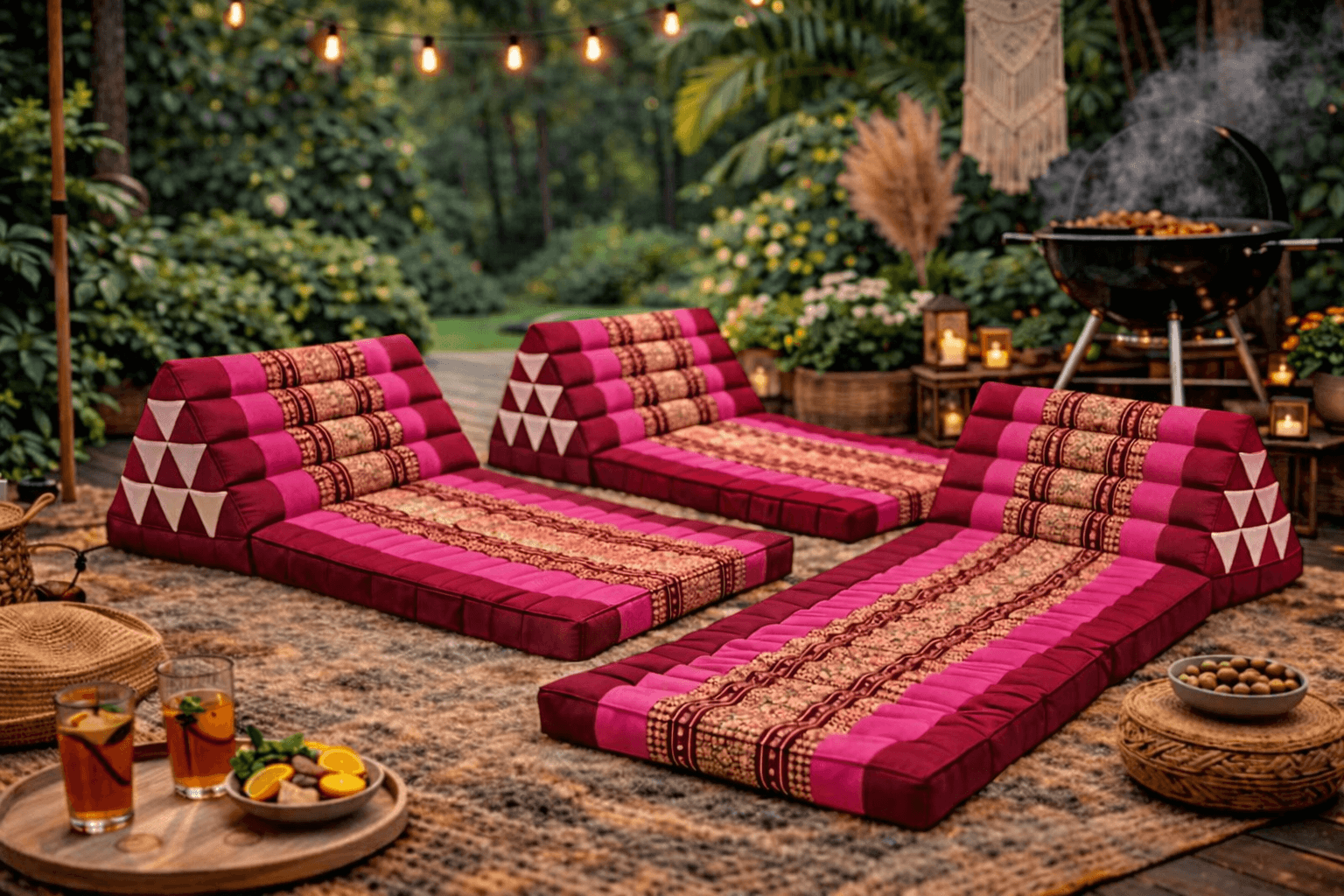 Meerdere rood roze Moon Kwan Thaise driehoekskussens in gezellige buitensetting