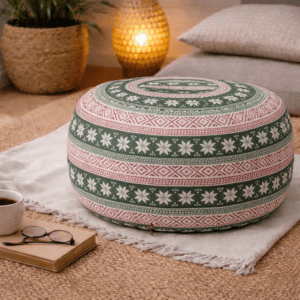 Ronde Thaise poef Lamphun in groen-witte tinten met sierlijk bloem- en lijnpatroon