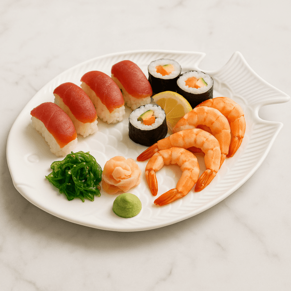Wit visvormig keramisch bord met sushi, garnalen, makirollen, wasabi en zeewiersalade op een marmeren ondergrond.