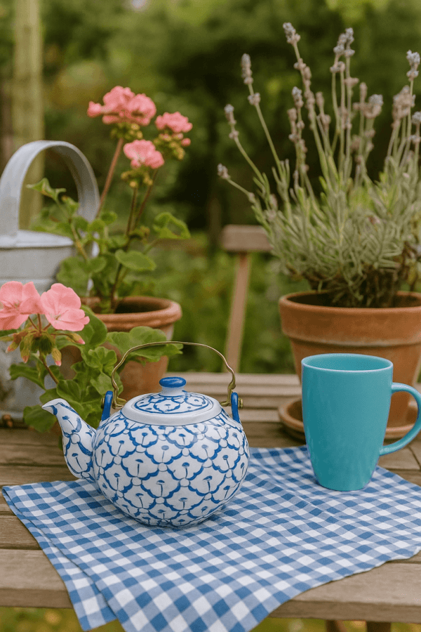 Thaise theepot op een houten tuintafel met bloemen, blauw geruit kleed en blauwe beker