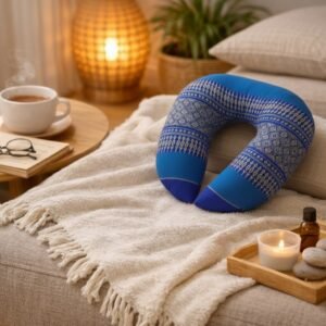 Thais nekkussen in U-vorm in helderblauw met traditioneel geweven patroon op een zachte bank in een warm interieur.