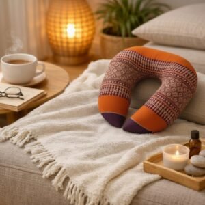 Thais nekkussen in U-vorm in oranje en bordeauxrood met traditioneel patroon op een bank in warm licht.